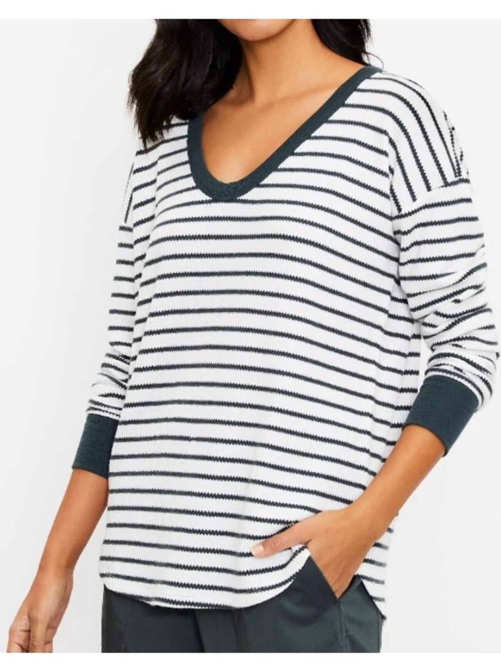 Ann Taylor LOFT Lou & Grey Striped Thermal Waffle Knit Shirt White Medium